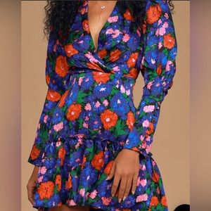 Wayf medium Eva Cobalt Blue Floral Print Puff Sleeve Mini Dress